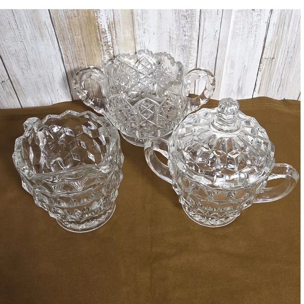 Vintage Fostoria American Clear Glass Creamer and Sugar Bowl Set Diamond Point